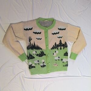 Green and Cream Women's Sweater with Sheep Design